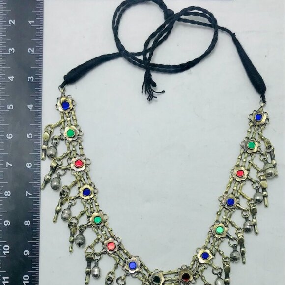 Vintage Bells Tribal Afghan Bib Necklace Silver Kuchi Bib Necklace With Bells - Picture 9 of 12